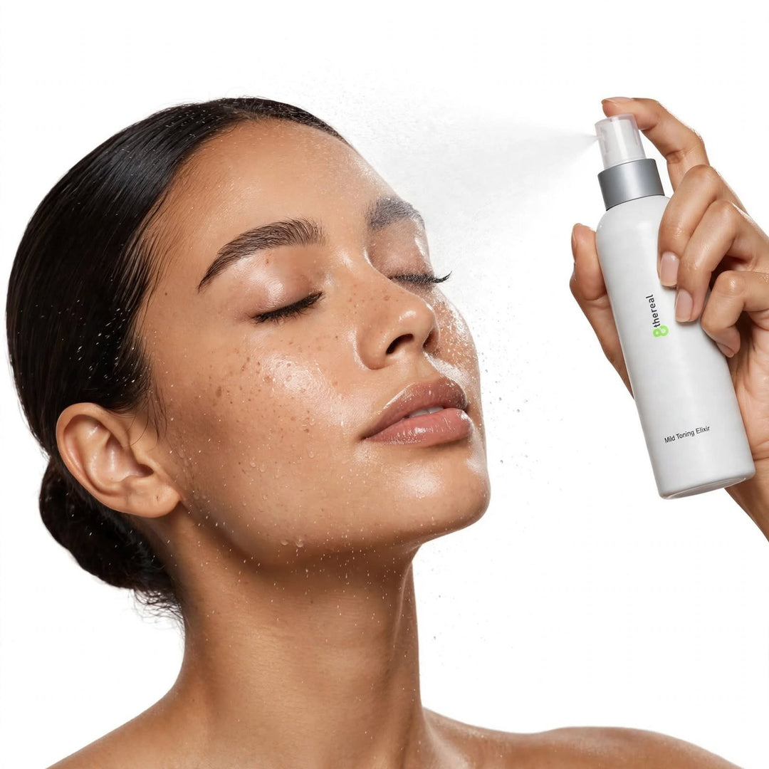 8thereal Mild Toning Elixir being sprayed as a refreshing mist onto a woman's face for hydration and pore refining.