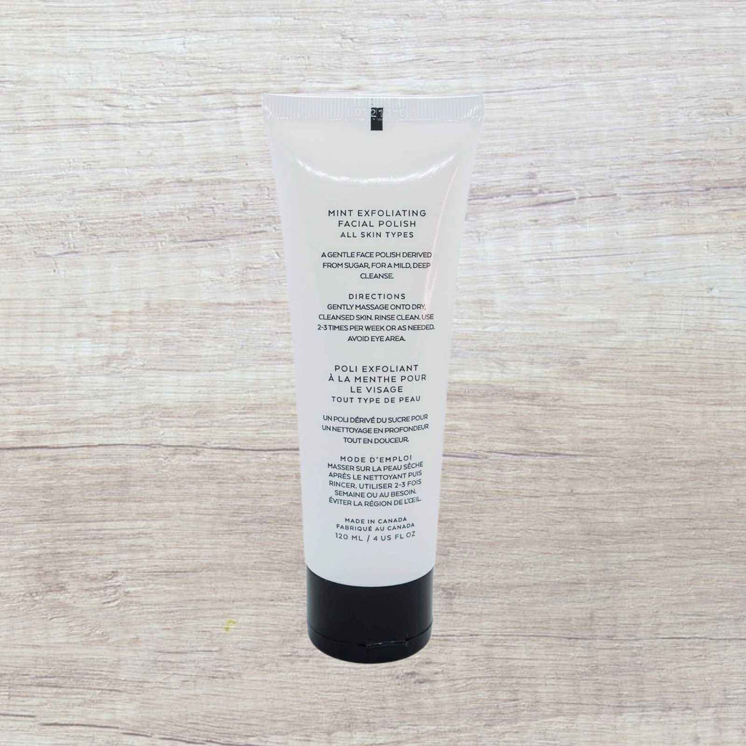 8thereal Gentle Refining Facial Polish in a 120ml squeeze tube with bilingual English and French product information.