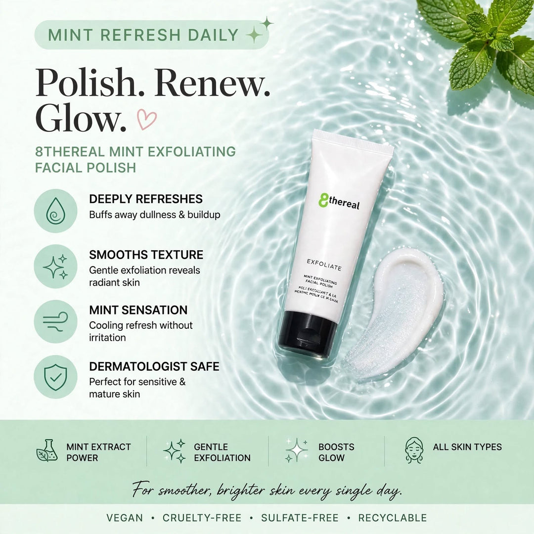 8thereal Gentle Refining Facial Polish tube with mint extract, showing creamy texture and refreshing water background.