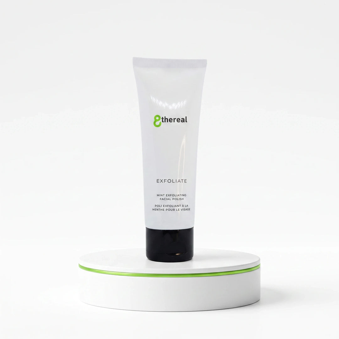8thereal Gentle Refining Facial Polish in a white squeeze tube on a white display stand.