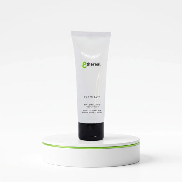 8thereal Gentle Refining Facial Polish in a white squeeze tube on a white display stand.
