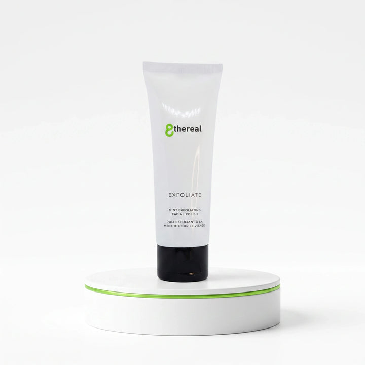 8thereal Gentle Refining Facial Polish in a white squeeze tube on a white display stand.