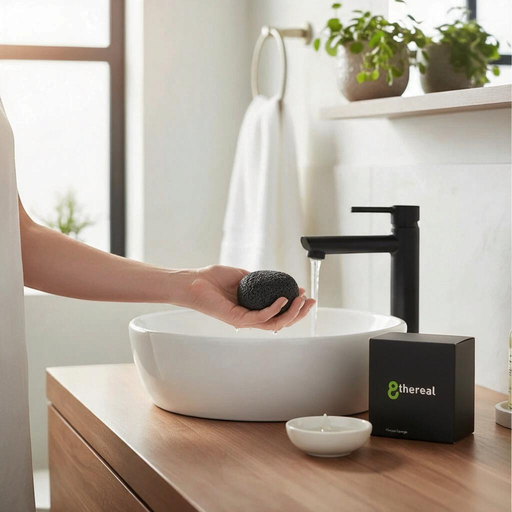 8thereal natural konjac sponge held in a hand near a bathroom sink with its black packaging box on the counter