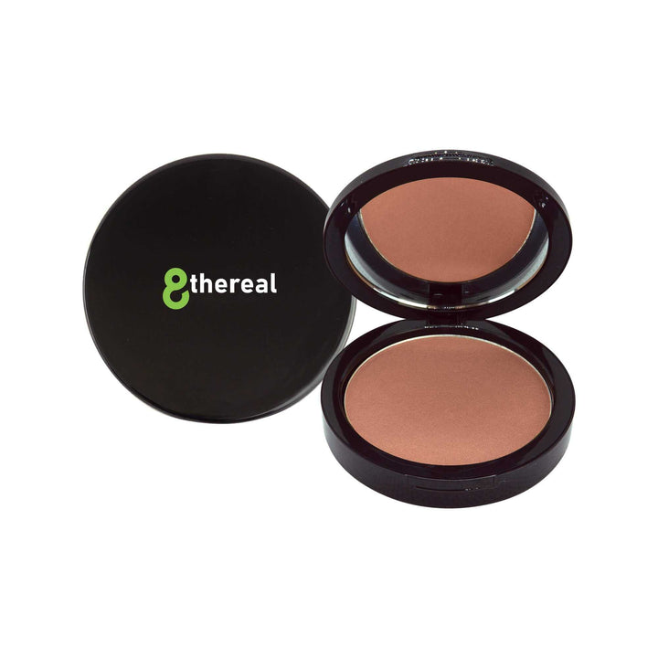8thereal Natural Warmth Bronzer in a black compact with mirror, featuring silky, buildable powder for a radiant glow.