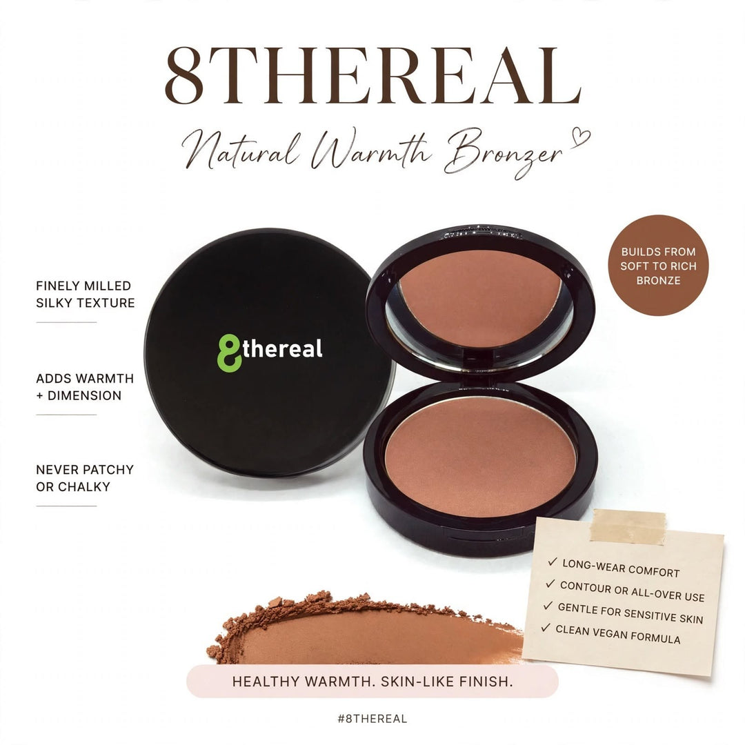 8thereal Natural Warmth Bronzer in a black compact with a silky, buildable powder for a radiant, sun-kissed finish.