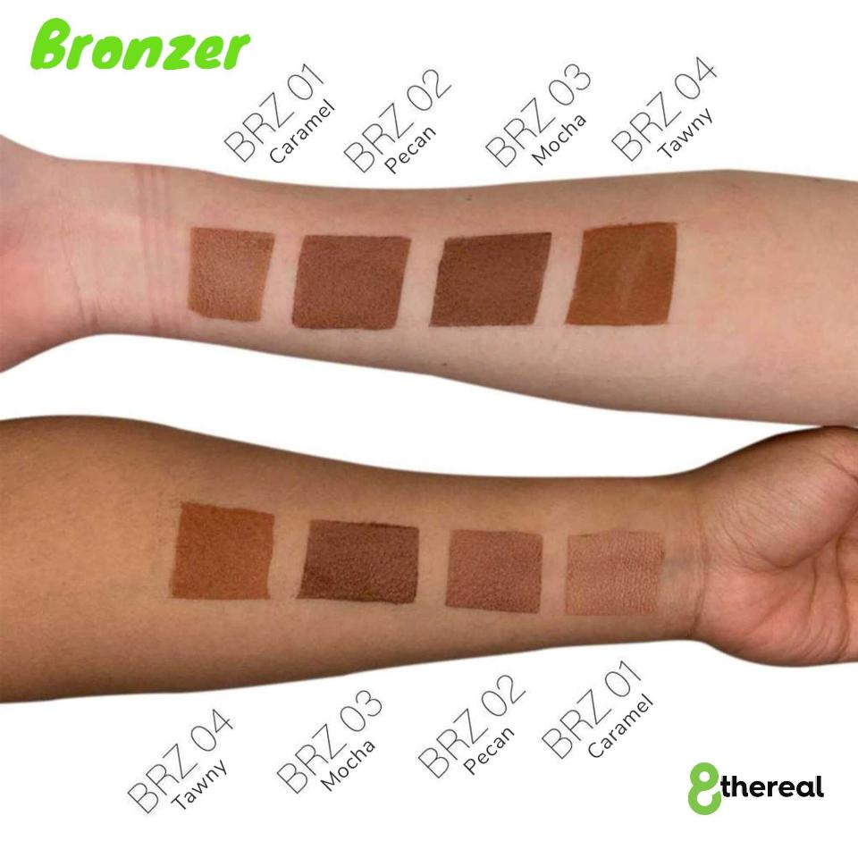 8thereal Natural Warmth Bronzer swatches on two different skin tones showing Caramel, Pecan, Mocha, and Tawny shades.