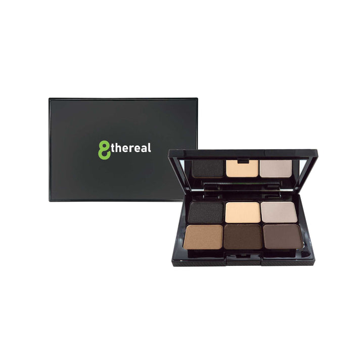 8thereal 6-shade eyeshadow palette featuring neutral matte and shimmer powders in a sleek black compact with a mirror.