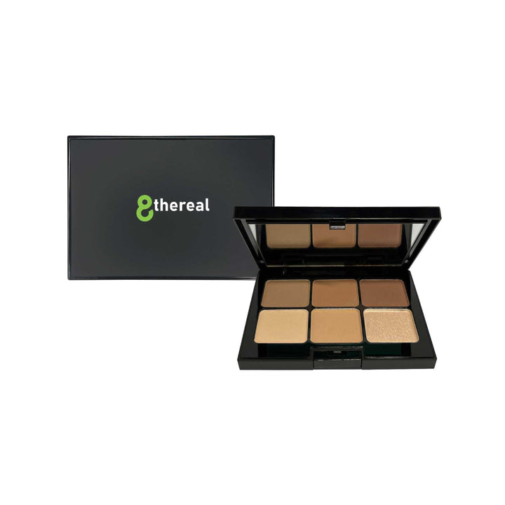 8thereal 6-shade eyeshadow palette featuring neutral matte and shimmer powders in a sleek black compact with a mirror.