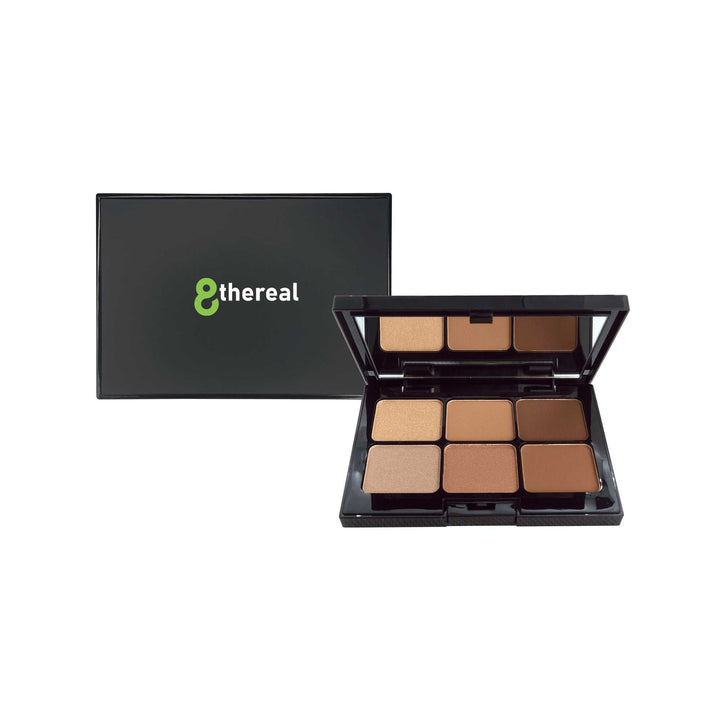 8thereal 6-shade eyeshadow palette with a mix of matte and shimmer neutral brown tones in a sleek black compact.
