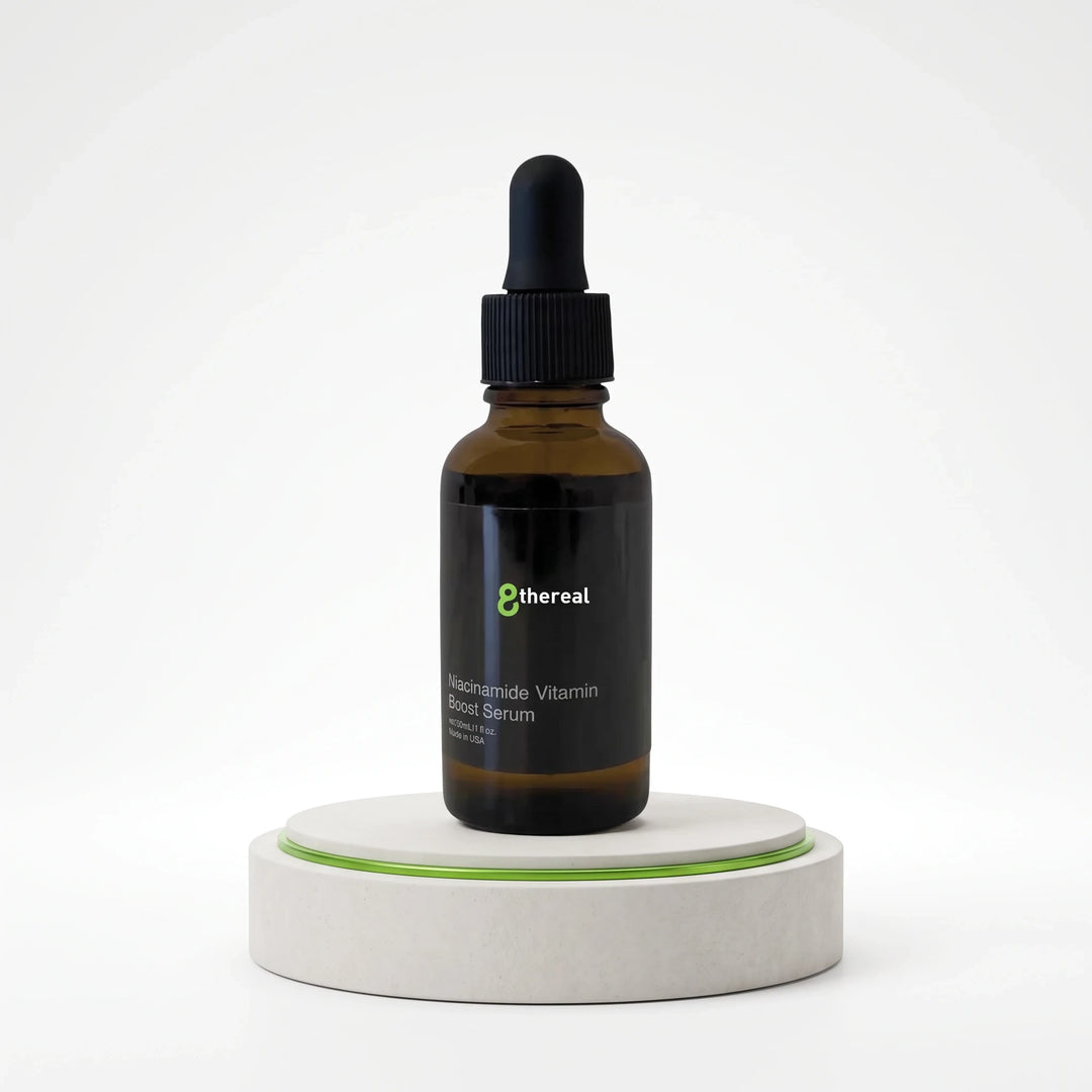 8thereal Brightening Niacinamide Vitamin Boost Serum in an amber glass dropper bottle on a minimalist display stand.