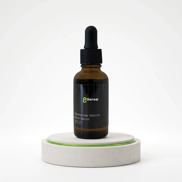 8thereal Brightening Niacinamide Vitamin Boost Serum in an amber glass dropper bottle on a minimalist display stand.