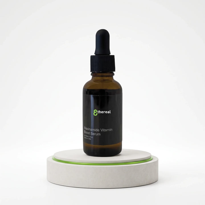8thereal Brightening Niacinamide Vitamin Boost Serum in an amber glass dropper bottle on a minimalist display stand.