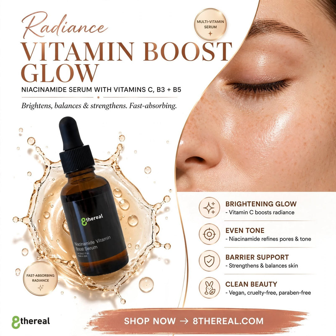 8thereal Brightening Niacinamide Vitamin Boost Serum bottle with dropper next to a glowing, radiant-skinned woman