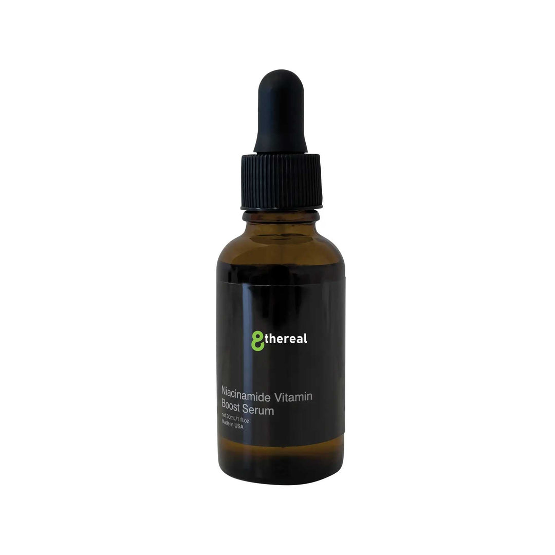8thereal Brightening Niacinamide Vitamin Boost Serum in a 30ml amber glass dropper bottle for daily skincare.