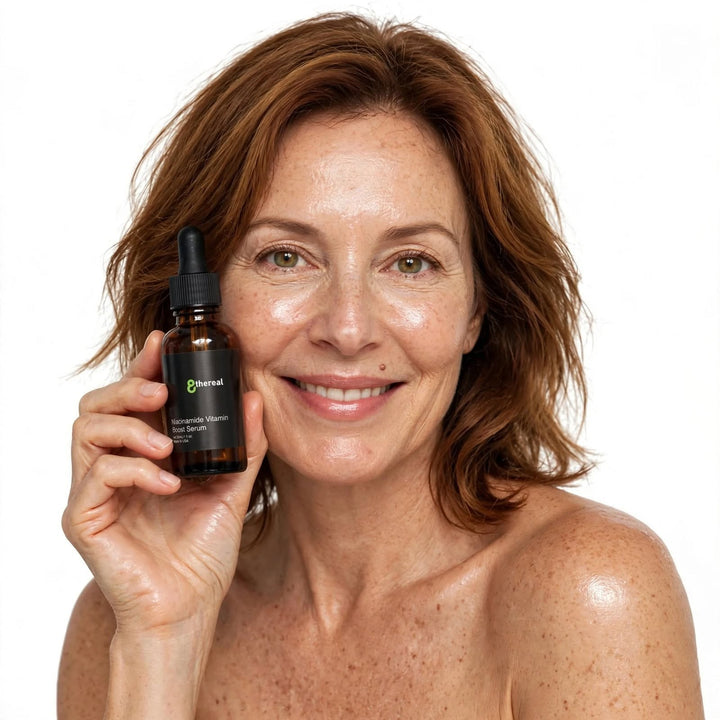 A woman holding an 8thereal Niacinamide Vitamin Boost Serum bottle, showcasing radiant skin and a simple skincare routine.