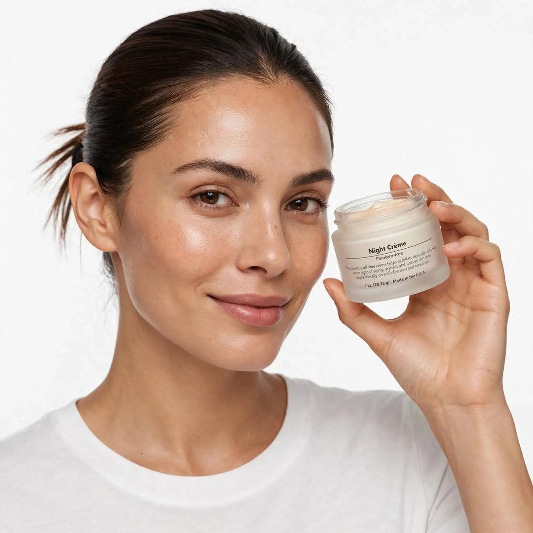 8thereal Night Skin Renewal Crème in a glass jar held by a smiling woman with glowing skin against a white background.