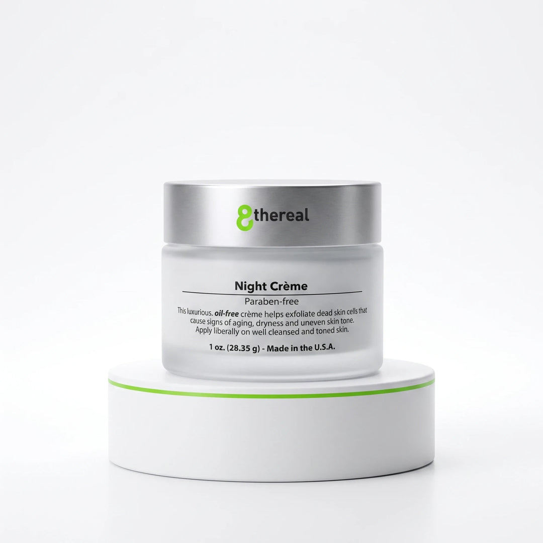 8thereal Night Skin Renewal Crème in a frosted glass jar with a silver lid, displayed on a white pedestal.