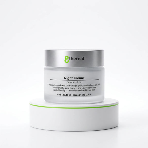 8thereal Night Skin Renewal Crème in a frosted glass jar with a silver lid, displayed on a white pedestal.