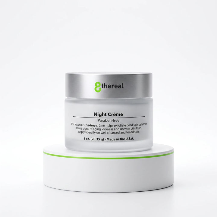 8thereal Night Skin Renewal Crème in a frosted glass jar with a silver lid, displayed on a white pedestal.