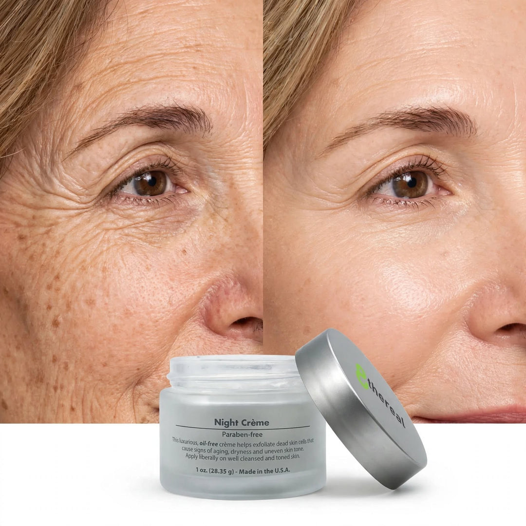 8thereal Night Skin Renewal Crème jar shown with a before and after comparison of skin texture and radiance.