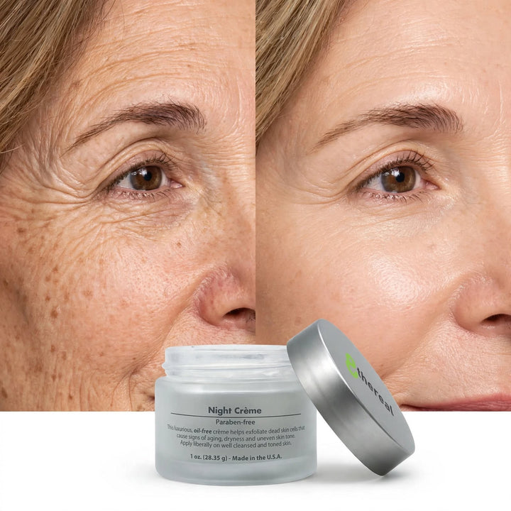 8thereal Night Skin Renewal Crème jar shown with a before and after comparison of skin texture and radiance.
