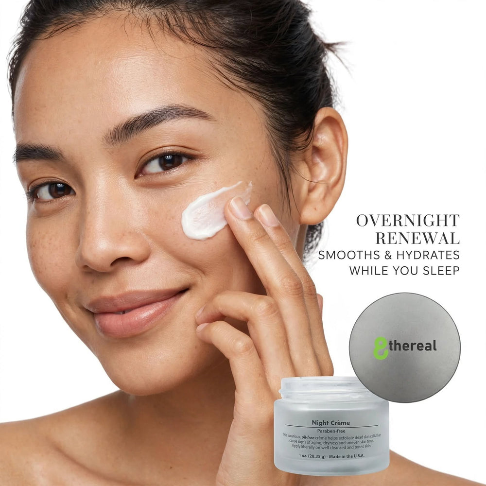 8thereal Night Skin Renewal Crème applied to a woman's cheek, showing the rich, white moisturizing cream texture.