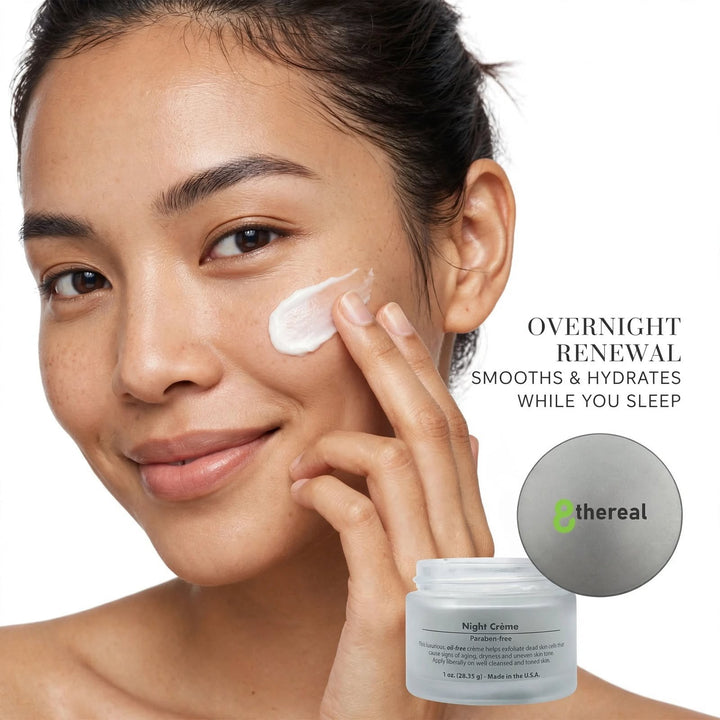 8thereal Night Skin Renewal Crème applied to a woman's cheek, showing the rich, white moisturizing cream texture.