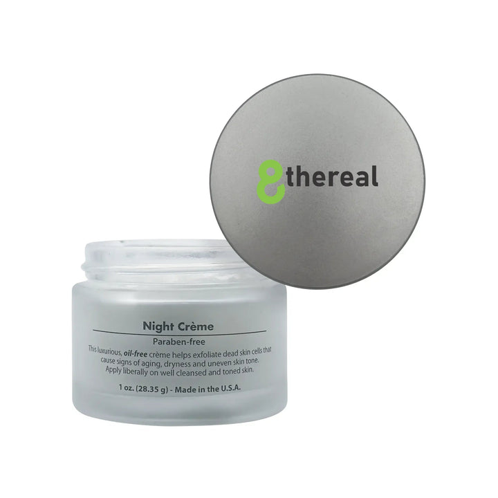 8thereal Night Skin Renewal Crème in a frosted glass jar with a grey lid, featuring a clean, minimalist design.