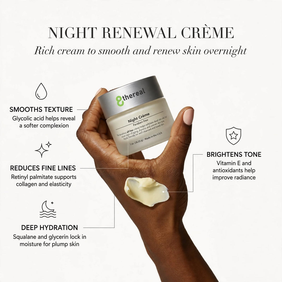 8thereal Night Skin Renewal Crème jar held in hand with a dollop of rich, creamy moisturizer on fingertips.
