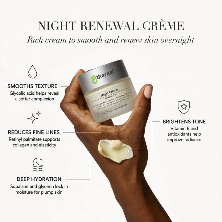 8thereal Night Skin Renewal Crème jar held in hand with a dollop of rich, creamy moisturizer on fingertips.