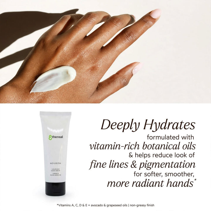 8thereal Restorative Nourish Hand Cream applied to a hand, showing its rich texture and hydrating botanical formula.