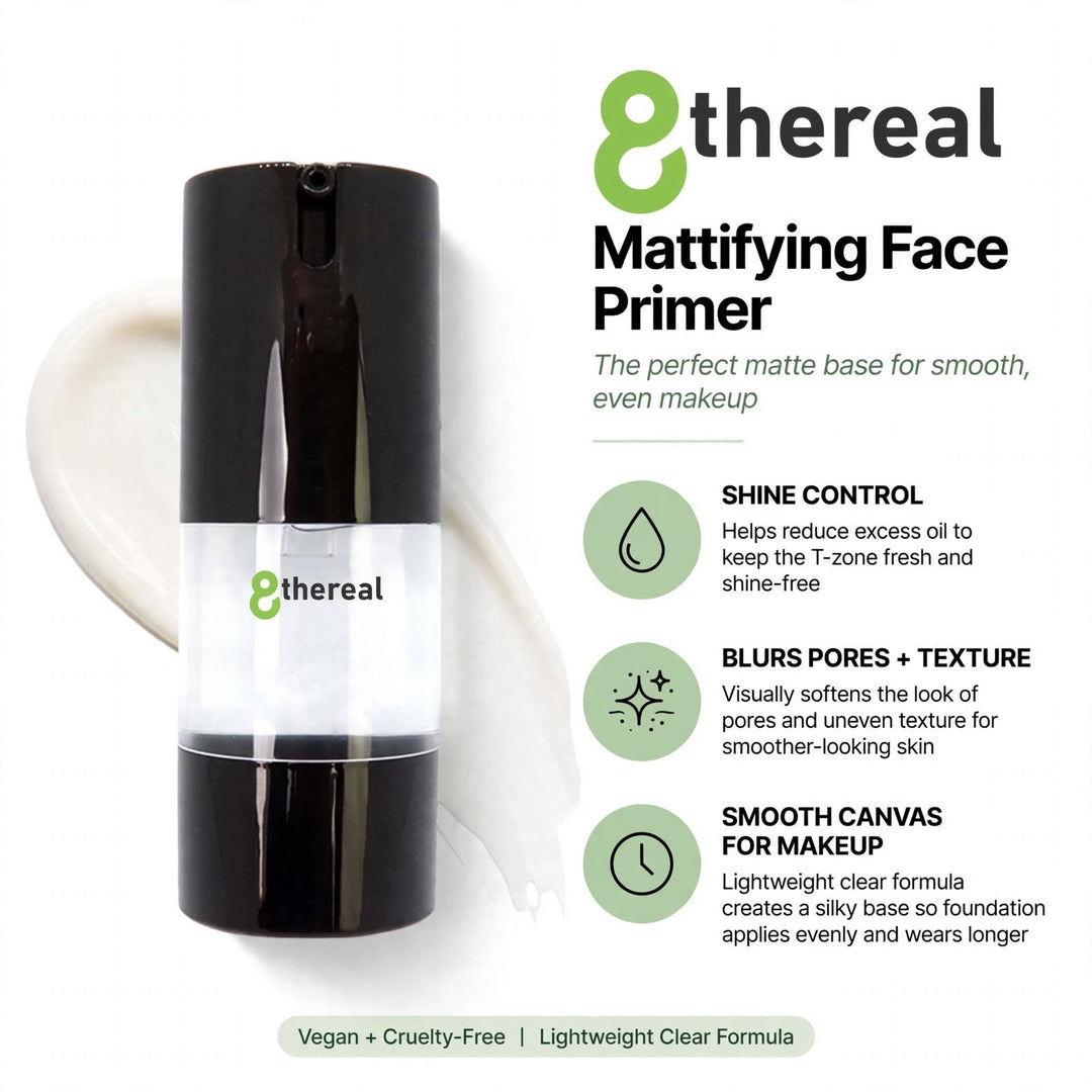 8thereal Oil-Control Matte Face Primer bottle with clear formula swatch, highlighting pore-blurring and shine control.
