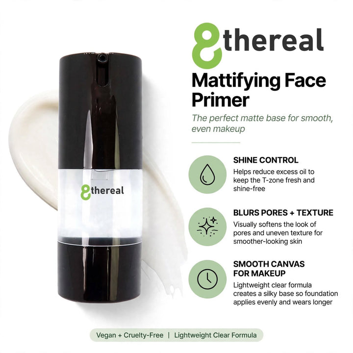 8thereal Oil-Control Matte Face Primer bottle with clear formula swatch, highlighting pore-blurring and shine control.