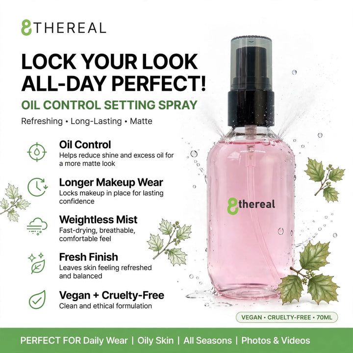 8thereal oil control setting spray in a clear bottle with pink liquid, featuring benefits like matte finish and mist.