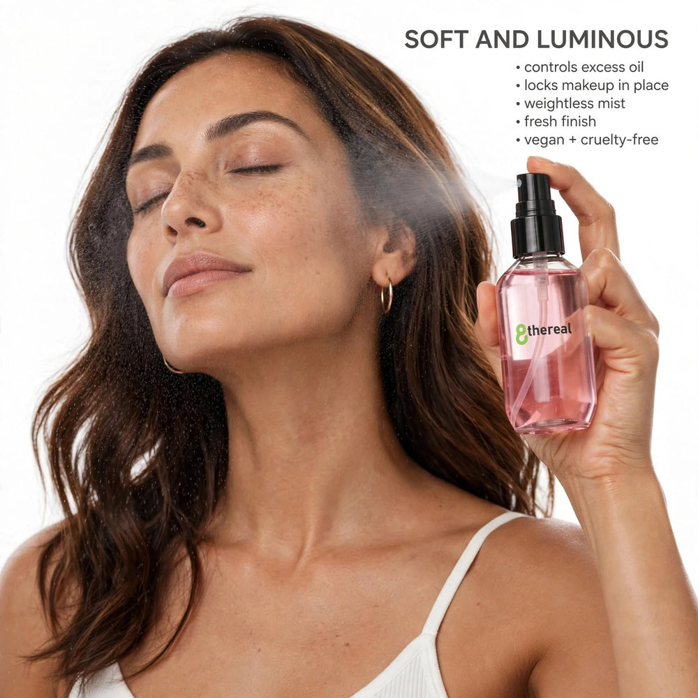 8thereal oil control setting spray being misted onto a woman's face for a fresh, matte finish.
