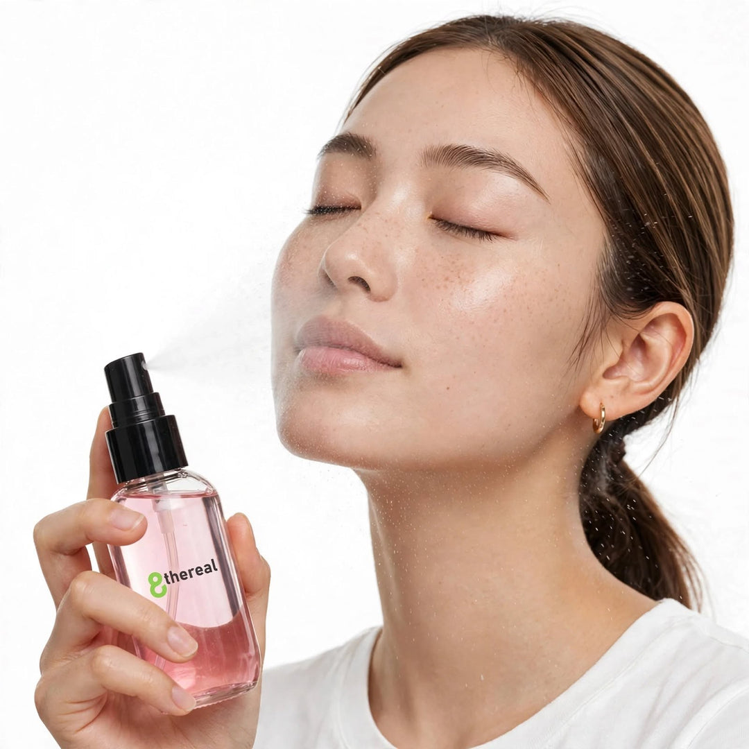 8thereal oil control setting spray misting onto a woman's face for a fresh matte finish
