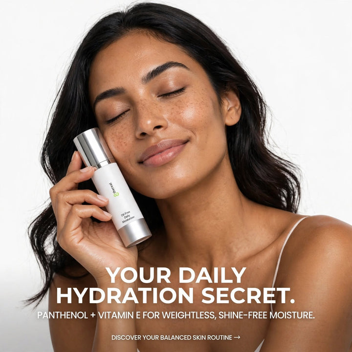 8thereal oil-free daily moisturizer in a white pump bottle held by a woman with glowing skin, promoting shine-free hydration.
