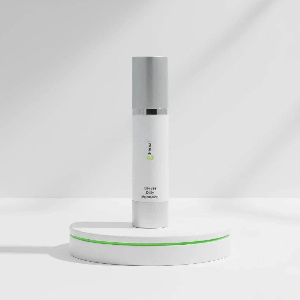 8thereal oil-free daily moisturizer in a sleek white pump bottle on a minimalist white display stand.