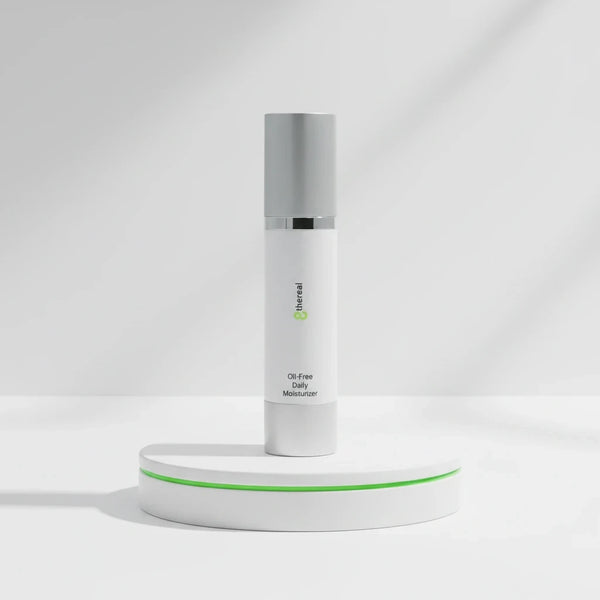 8thereal oil-free daily moisturizer in a sleek white pump bottle on a minimalist white display stand.