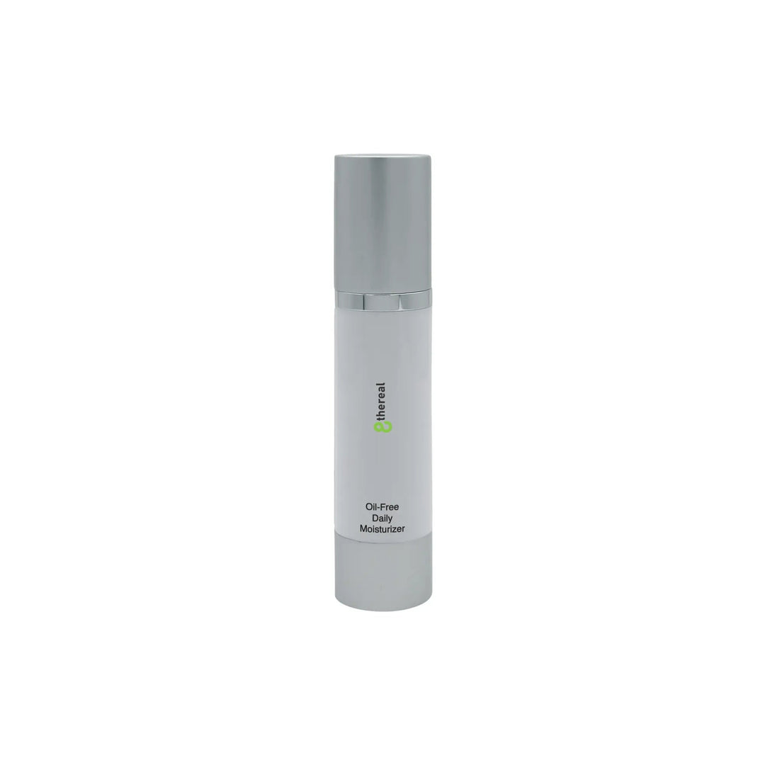 8thereal oil-free daily moisturizer in a white pump bottle with a silver cap for lightweight hydration.