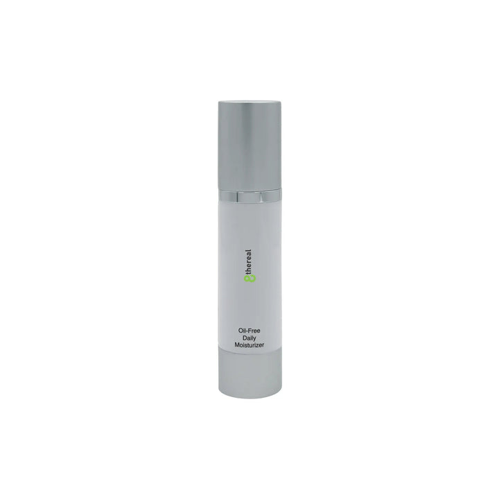 8thereal oil-free daily moisturizer in a white pump bottle with a silver cap for lightweight hydration.