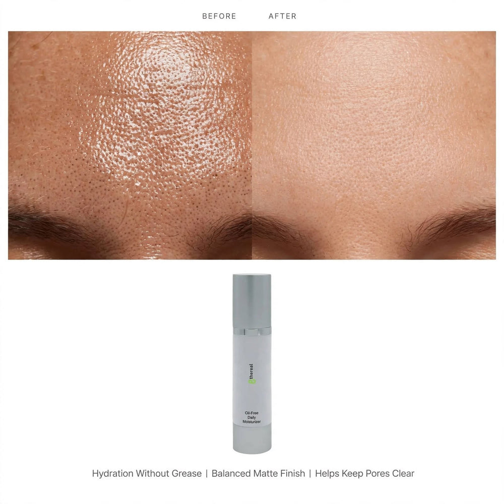 8thereal oil-free daily moisturizer bottle with a before and after comparison showing skin shine reduction.