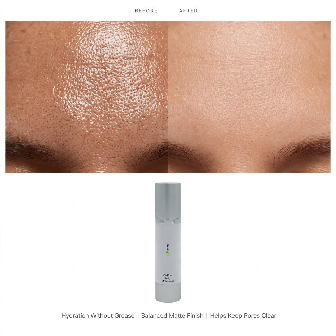8thereal oil-free daily moisturizer bottle with a before and after comparison showing skin shine reduction.