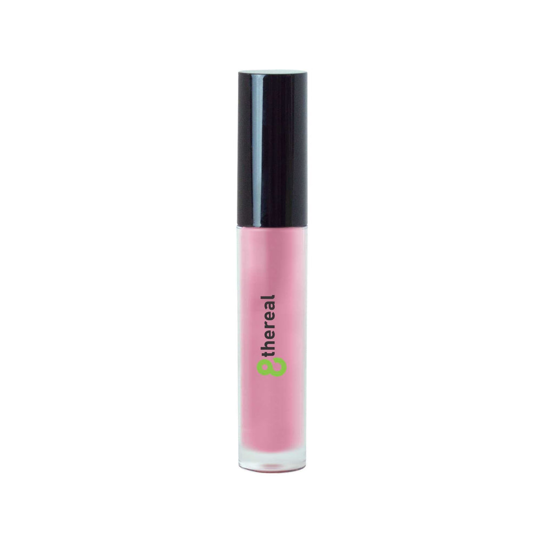 8thereal high-shine lip gloss in a sheer pink tint with a sleek applicator tube and black cap.