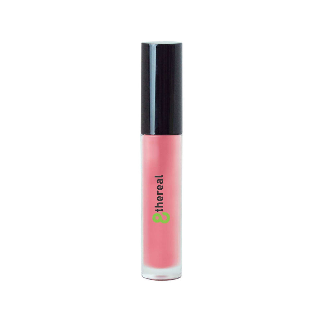 8thereal high-shine lip gloss in a soft pink sheer tint with a sleek applicator tube and black cap.