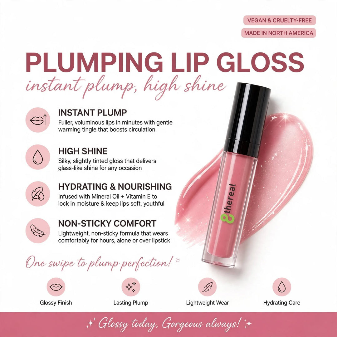 8thereal plumping lip gloss in a soft pink shade with a high-shine finish, shown with a swatch and product benefits.