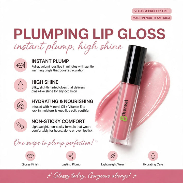 8thereal plumping lip gloss in a soft pink shade with a high-shine finish, shown with a swatch and product benefits.