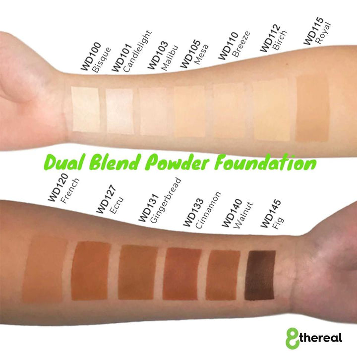 8thereal Dual Blend Powder Foundation shade range swatches on skin showing light to deep skin tone options.