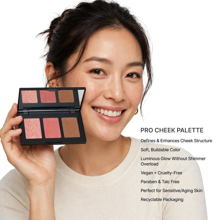 8thereal All-in-One Sculpt & Glow Pro Cheek Palette featuring blush, contour, and highlighter in a sleek compact.