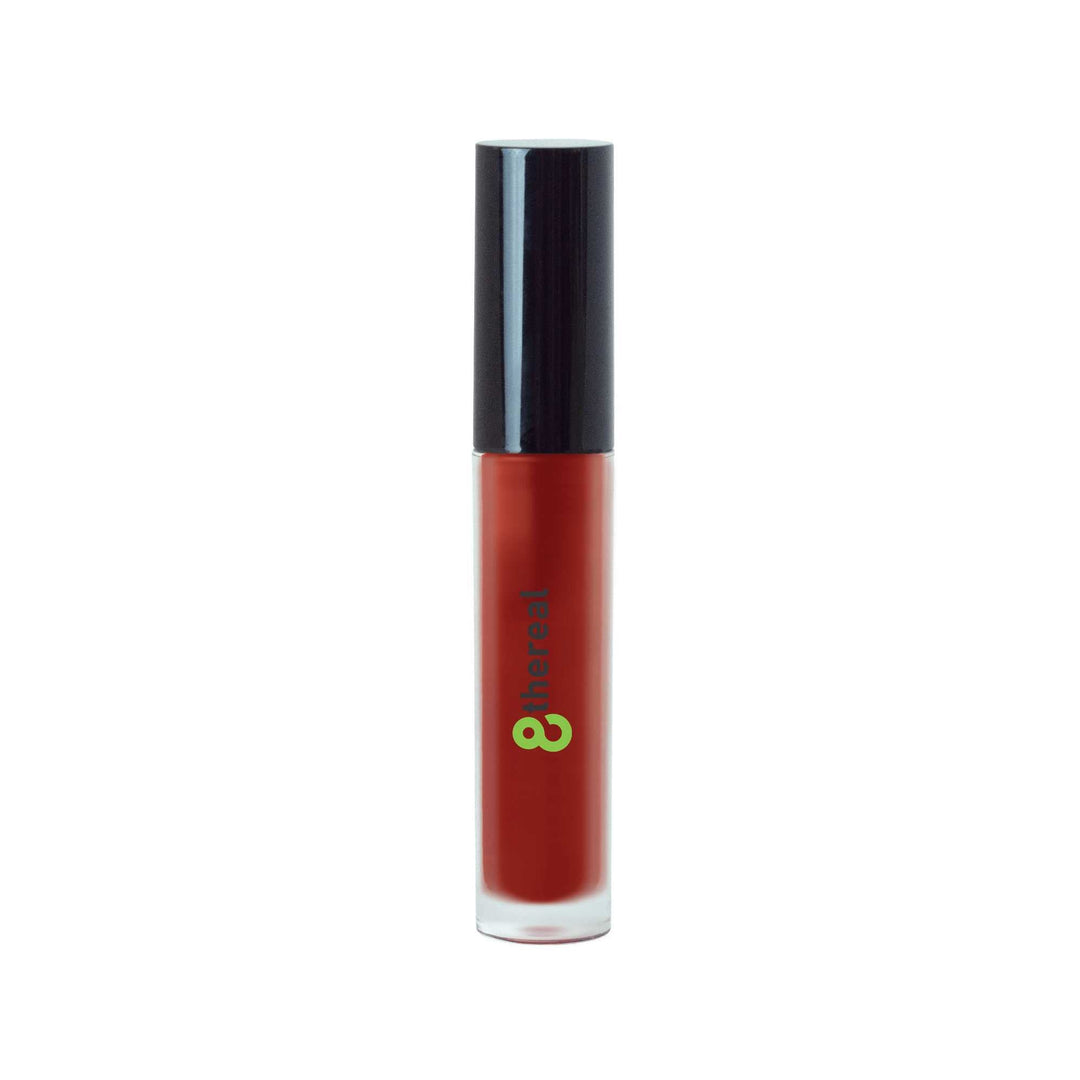8thereal high-shine lip gloss in a deep red shade with a sleek clear tube and black cap.